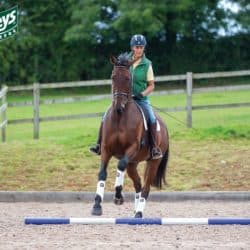 Mary King riding a flatwork pole exercise